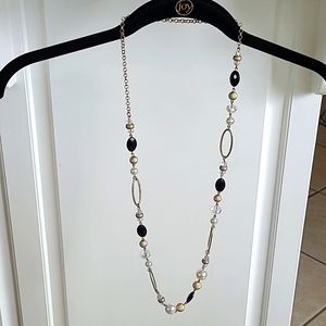 36" long black, pearl, gold and crystal necklace